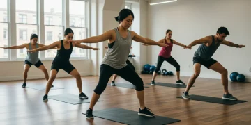 Active adults performing dynamic stretching for injury prevention