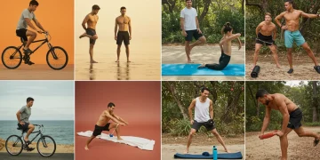 Athletes performing gentle active recovery exercises outdoors