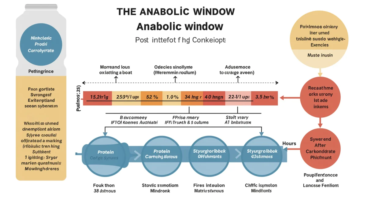 Infographic showing critical post-workout nutrition timing for protein and carbohydrates, emphasizing muscle recovery.