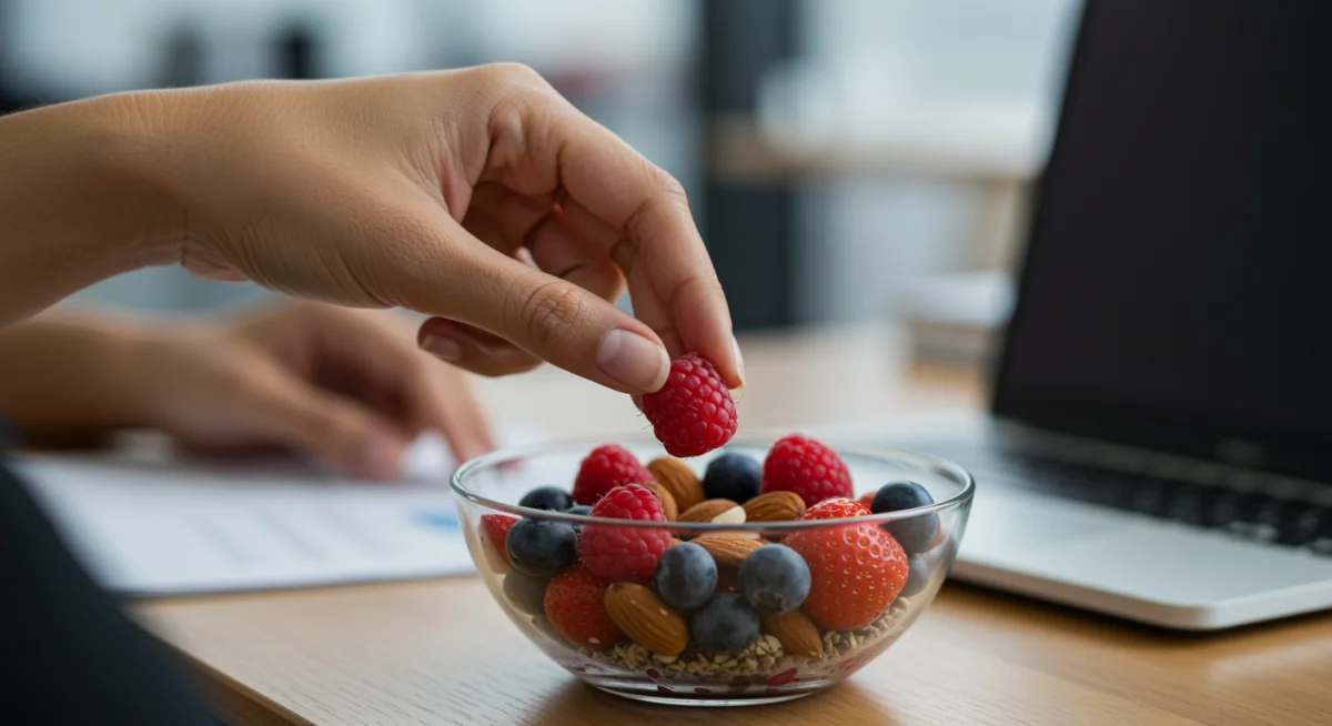 Hand reaching for a bowl of mixed berries and almonds as a healthy snack.