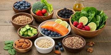 Colorful spread of brain-boosting foods including salmon, berries, and greens