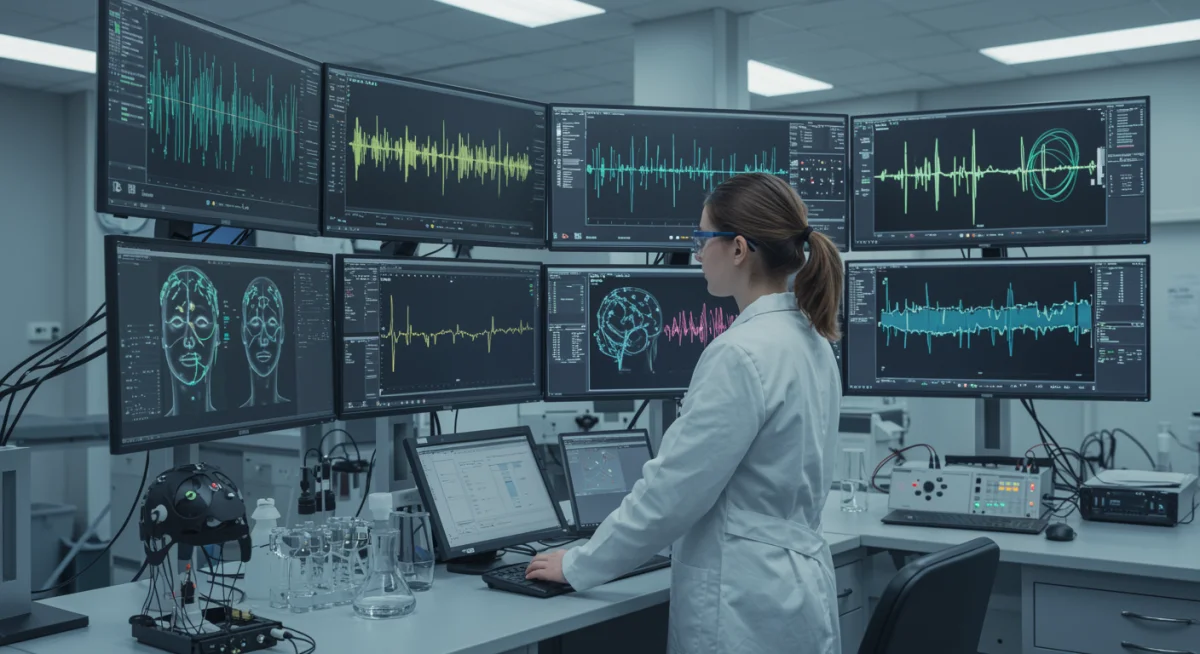 Researcher analyzing brainwave patterns in neurofeedback lab