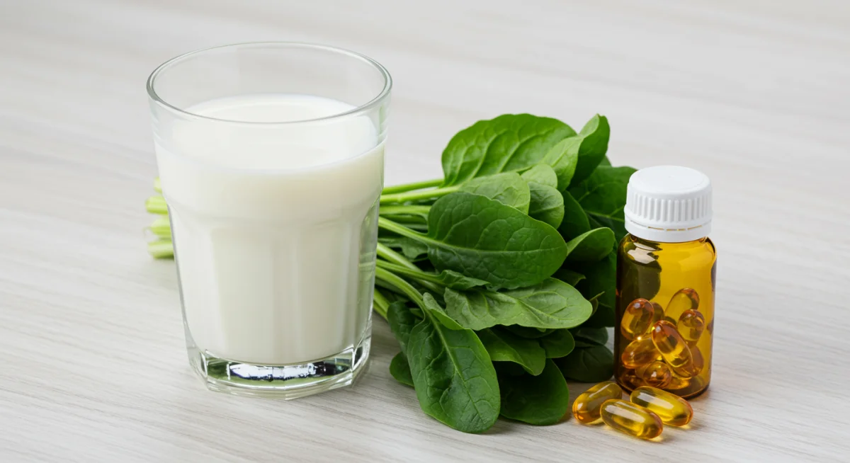 Milk, leafy greens, vitamin D supplements for bone health