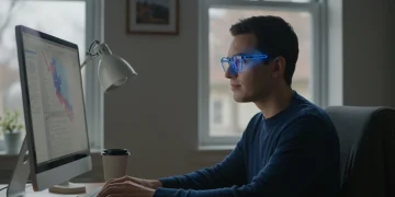 Person calmly viewing screen with blue light glasses, reducing digital strain