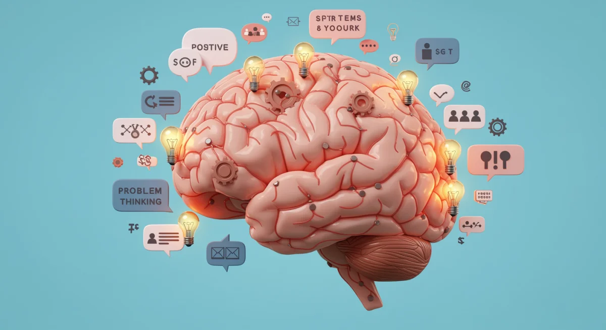 Illustration of a bright brain with gears and positive thought bubbles, symbolizing cognitive tools.