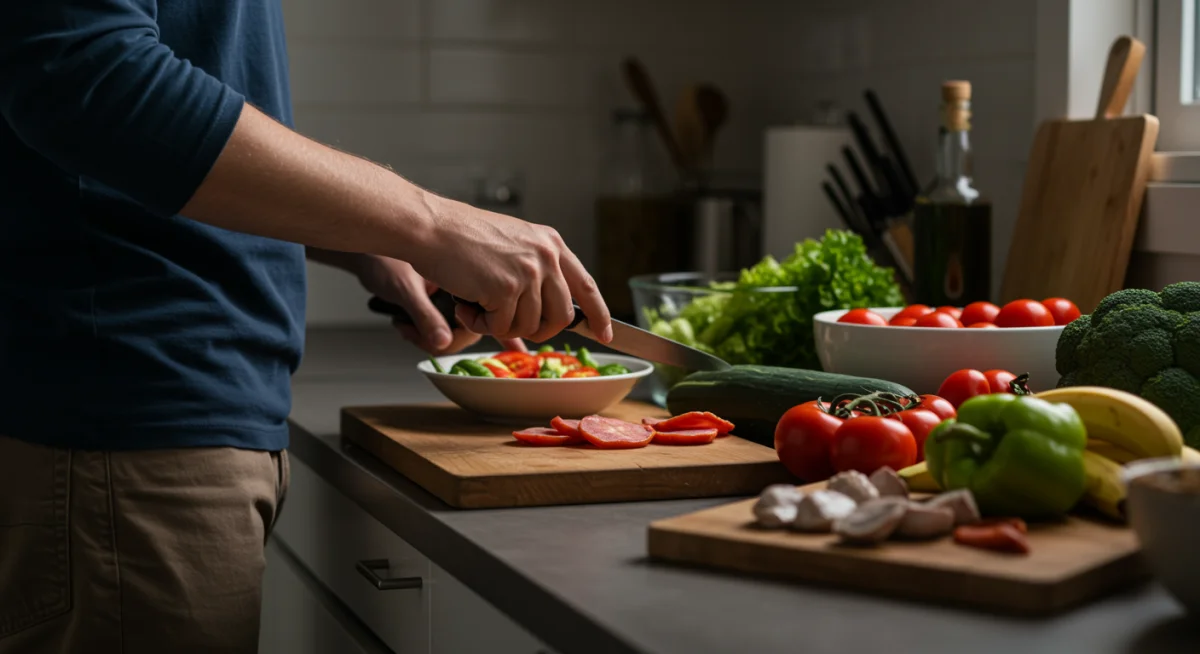 Person preparing a healthy meal with fresh ingredients in a modern kitchen.