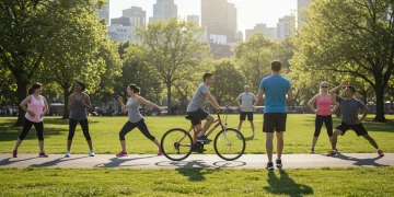 People exercising outdoors in a park, promoting daily movement and better health in the US.