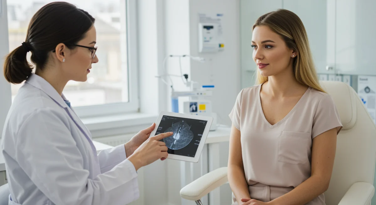 Doctor discussing mammogram results with a female patient, highlighting breast cancer screening importance.