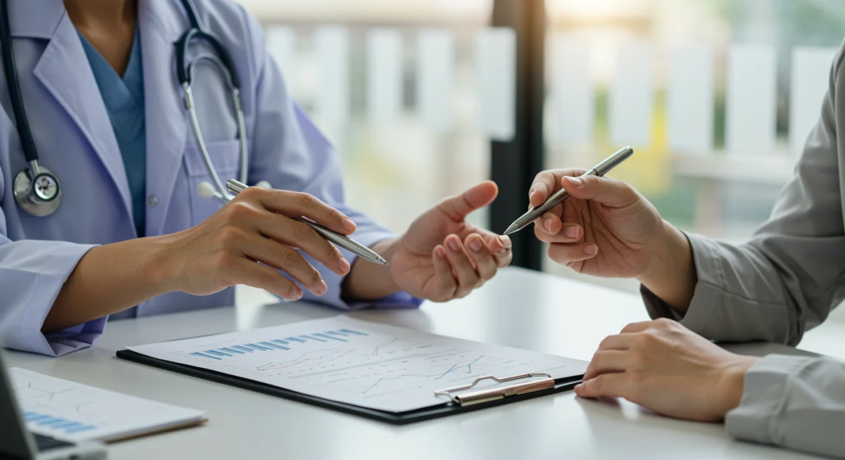 Doctor and patient reviewing preventative screening results on a tablet, fostering informed health decisions.