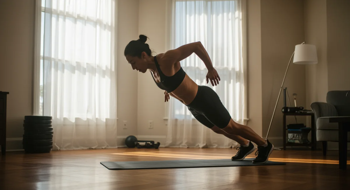 Person performing high-intensity bodyweight exercise indoors, demonstrating dynamic movement.