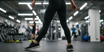 Dynamic leg swing stretch in modern gym setting