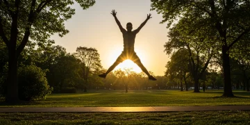 Energetic person exercising outdoors at sunrise, symbolizing mental health boost