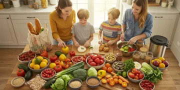 Family preparing a meal with fresh, local, sustainable ingredients in a brightly lit kitchen.
