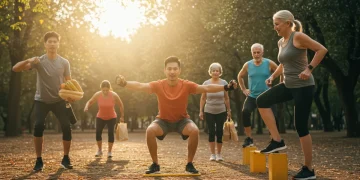 2025 Guide: Functional Fitness to Boost Daily Movement Diverse individuals performing functional fitness exercises in a park, emphasizing daily movement and preventing age-related decline.