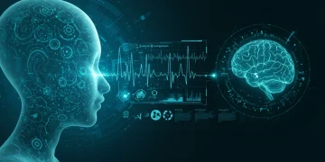 Digital interface showing brain activity with calming colors, representing future mental health technology.