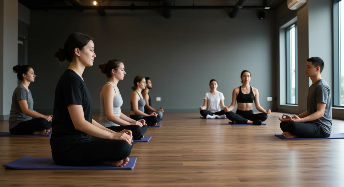 Group engaged in guided mindfulness meditation session in a studio