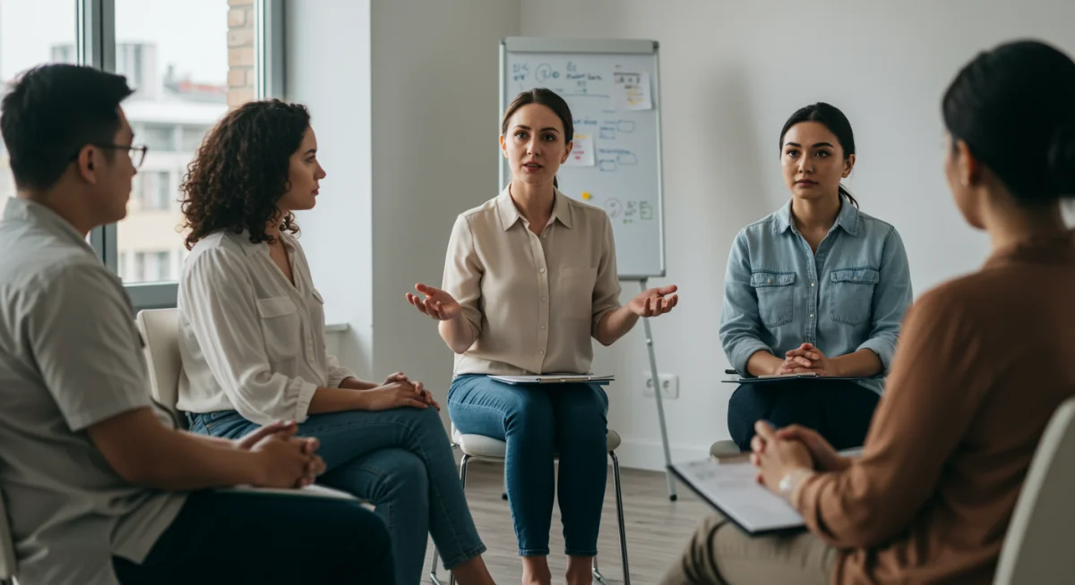 Therapist guiding a group through a supportive psychedelic-assisted therapy session