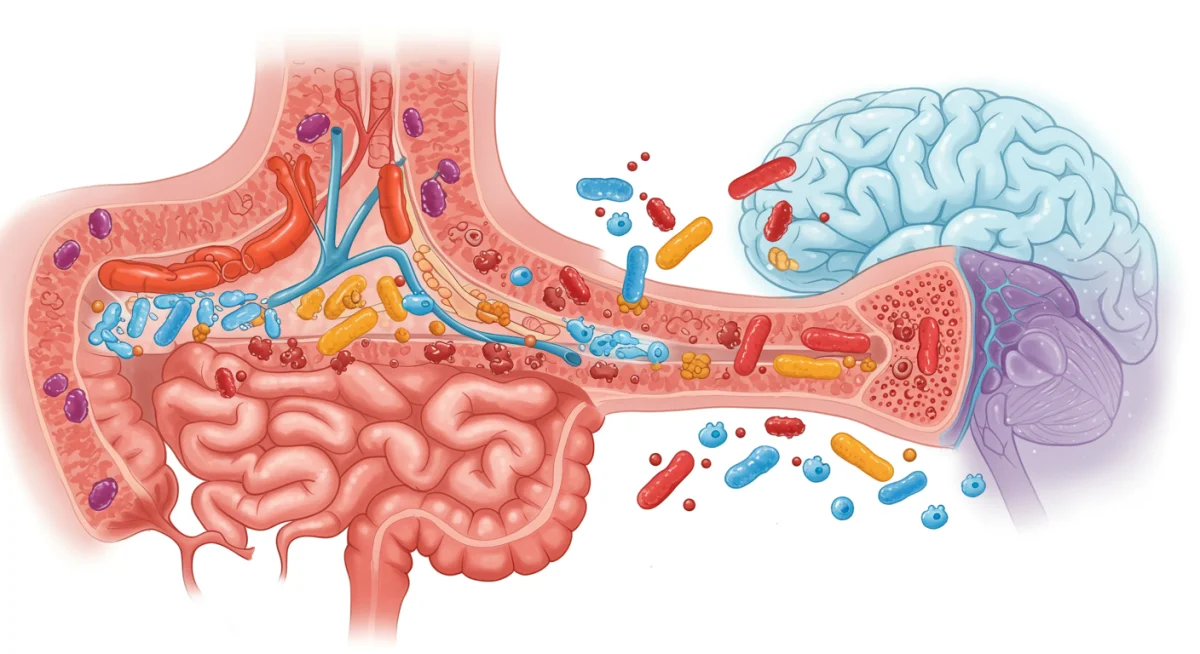 Illustration of gut microbiome with beneficial bacteria and brain connection