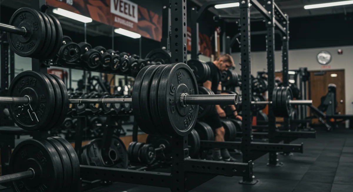 Organized gym setup with barbells and weight plates for progressive overload