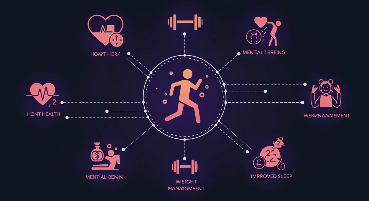 Infographic showing health benefits of regular physical activity like heart health and mental well-being.