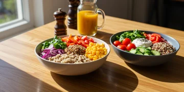 Colorful, healthy meal with vegetables, whole grains, and protein for gut and mental health