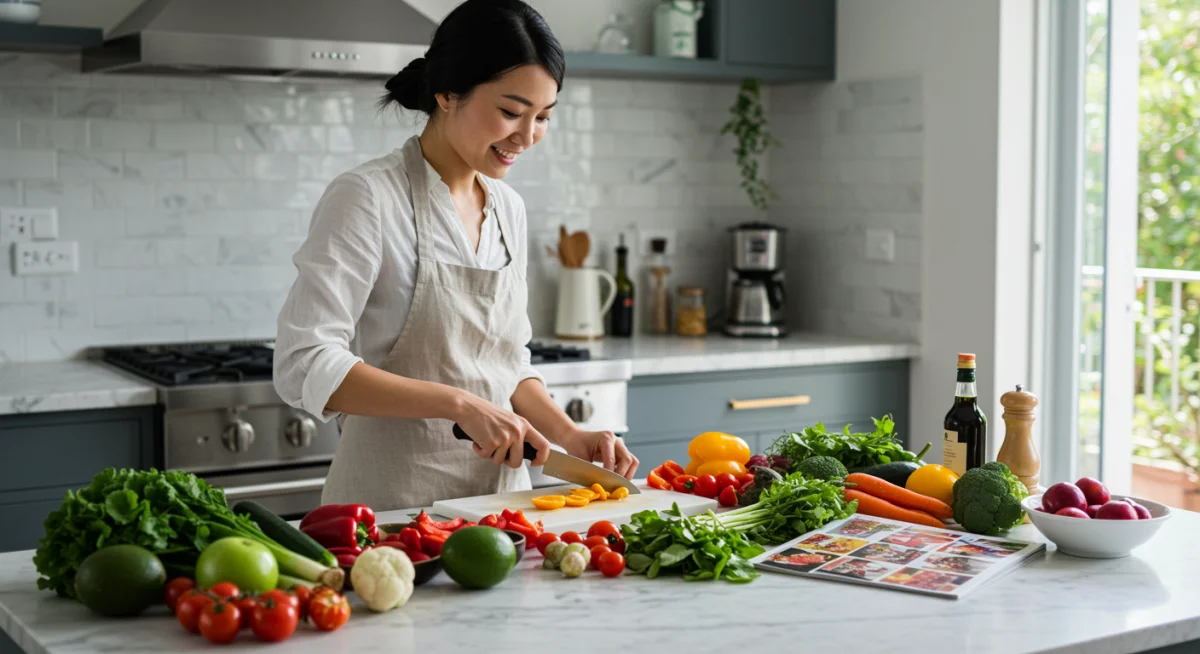 Person preparing a healthy plant-based meal in a kitchen.