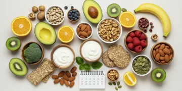 Variety of healthy snacks for energy in 2025, including fruits, nuts, and yogurt.