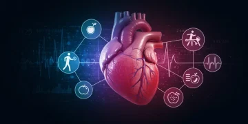 Futuristic healthy heart illustration with wellness elements for 2025 preventative care.