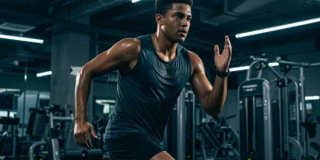 Athlete performing high-intensity interval training in a futuristic gym setting, emphasizing calorie burning