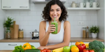 Woman with green smoothie representing immune system boost