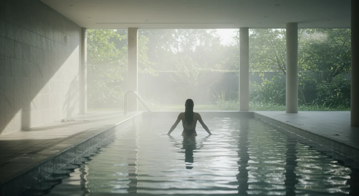 Person swimming laps in a calm, naturally lit indoor pool, highlighting the benefits of aquatic exercise.
