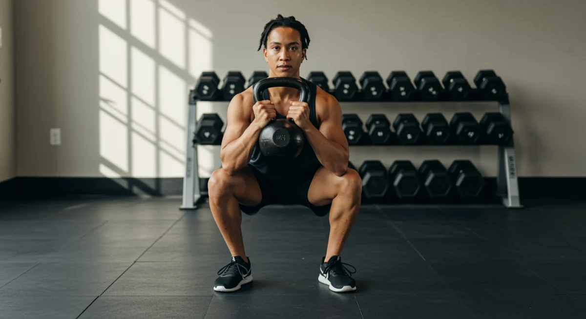 Person performing a kettlebell goblet squat with excellent form, highlighting core strength and functional movement.