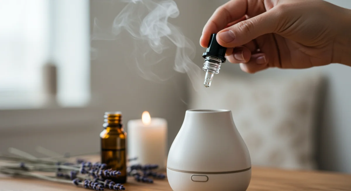 Hand adding lavender essential oil to diffuser for relaxation
