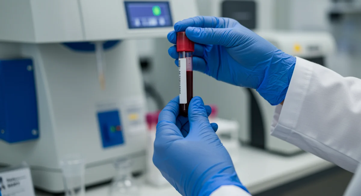 Healthcare professional holding blood sample for liquid biopsy
