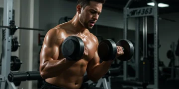 Man performing progressive overload with heavy dumbbells in a gym