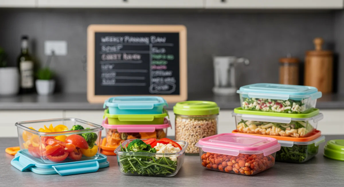 Organized kitchen counter with reusable containers for meal prepping to reduce food waste.