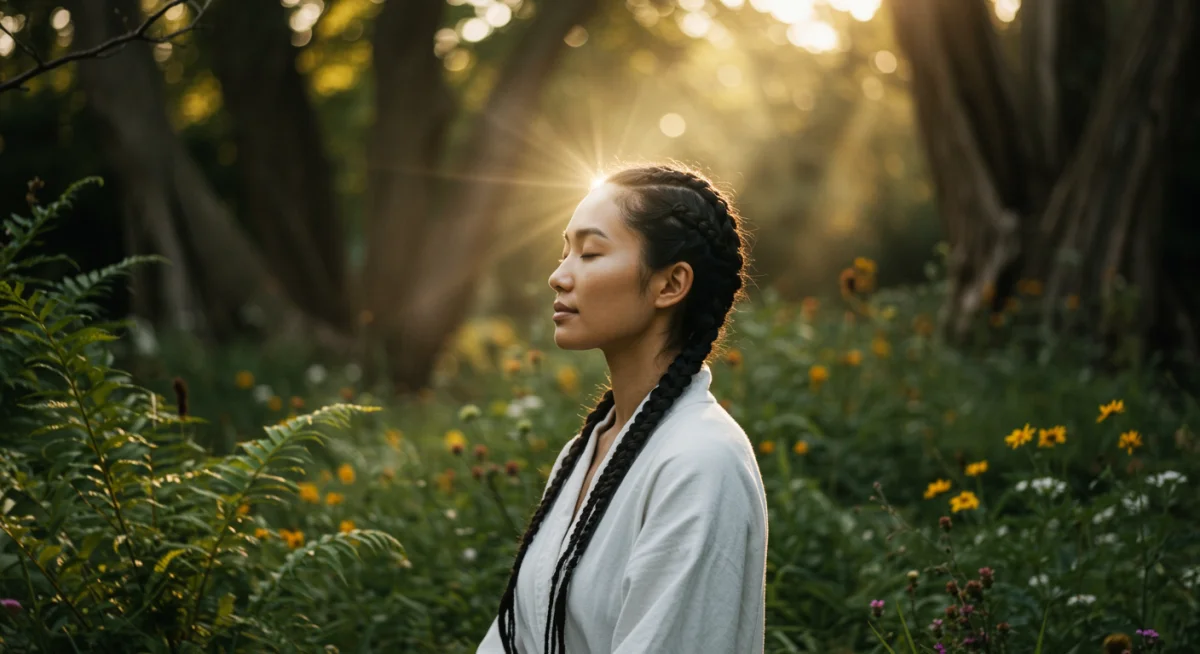 Person meditating peacefully in nature, illustrating mindfulness and its positive impact on cognitive resilience and mental well-being.