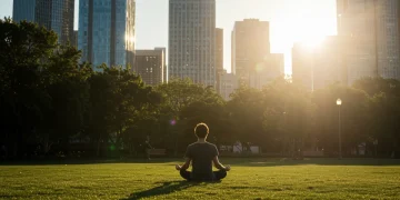 Person meditating in urban park, symbolizing mental resilience and peace