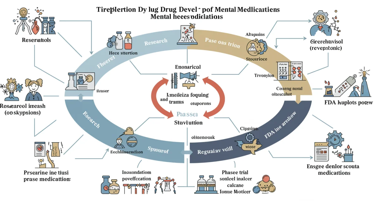 Infographic depicting the complex stages of mental health drug development and FDA approval process