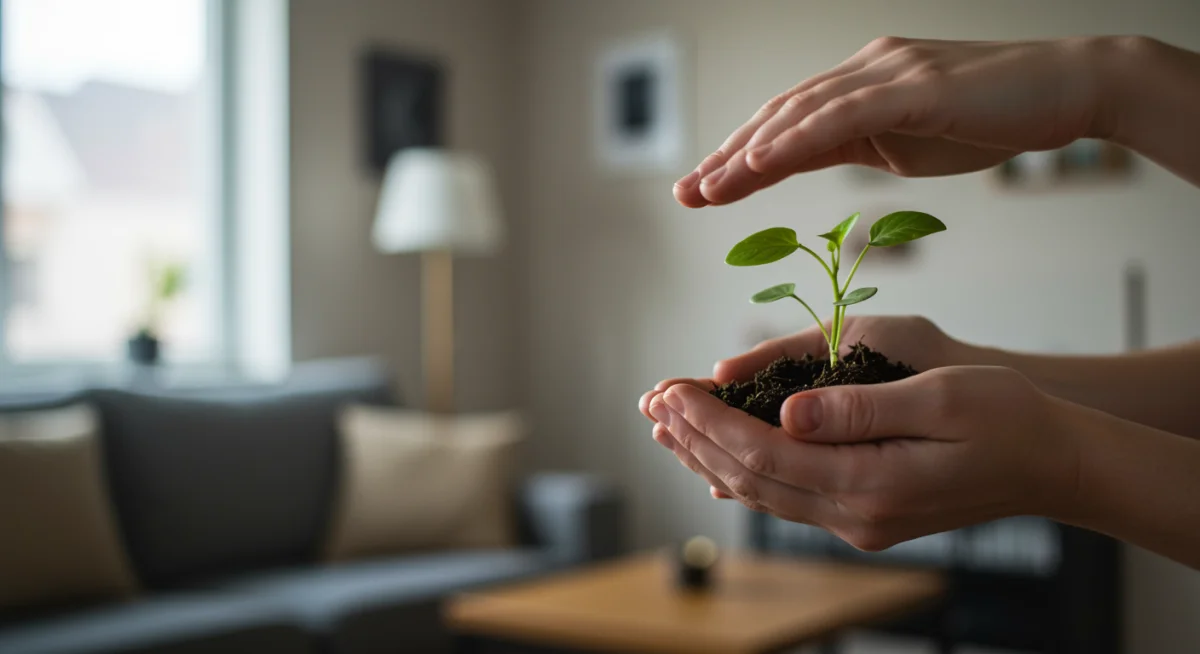 Hands holding a green plant, representing mindful connection and calm in a home setting.