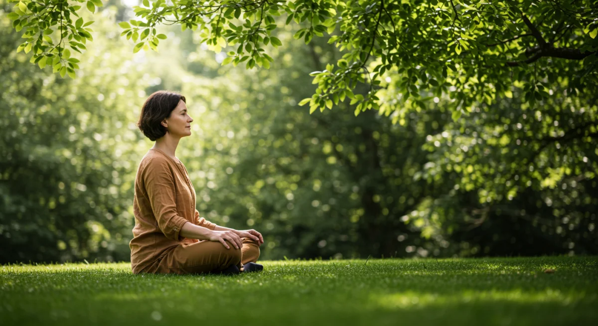 Person meditating outdoors, recovering from burnout