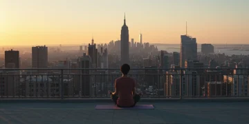 Person meditating peacefully in an urban setting, symbolizing mindfulness in modern American living.