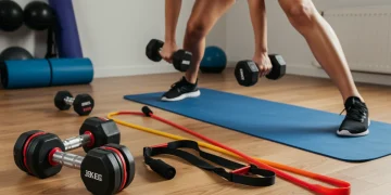 Modern home gym with person exercising, adjustable dumbbells, resistance bands, and yoga mat.