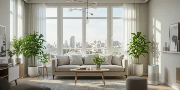 Modern living room with clean air, plants, and natural light, promoting home wellness.