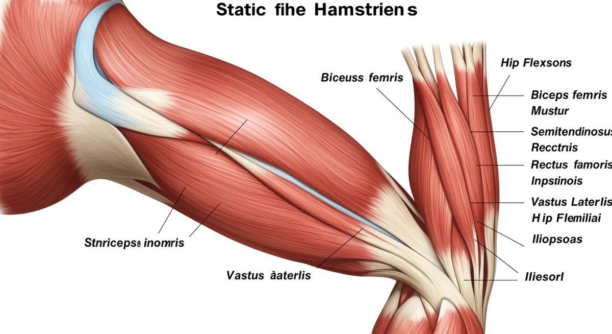 Anatomical illustration of muscle elongation during hamstring stretch