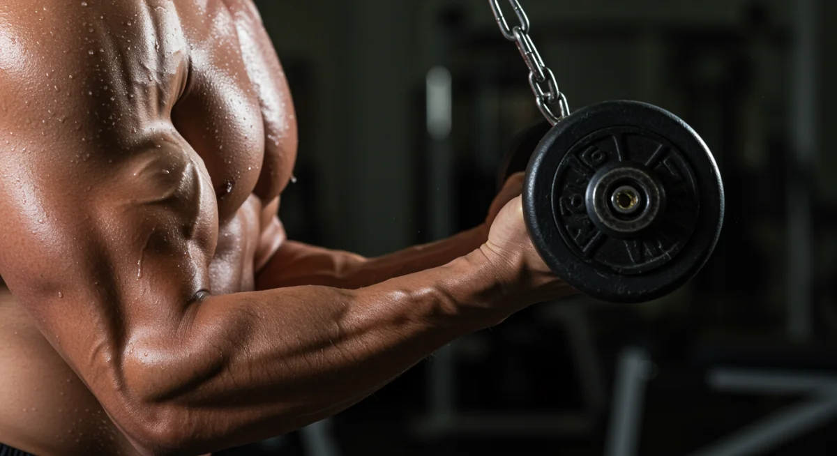 Close-up of muscular arm during weightlifting, showing muscle hypertrophy