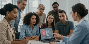 Healthcare professional explaining new blood pressure guidelines to diverse US adults