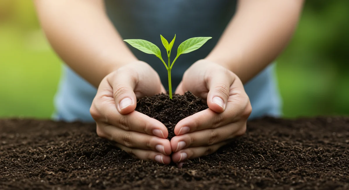 Hands nurturing a green plant sprout, symbolizing growth and health