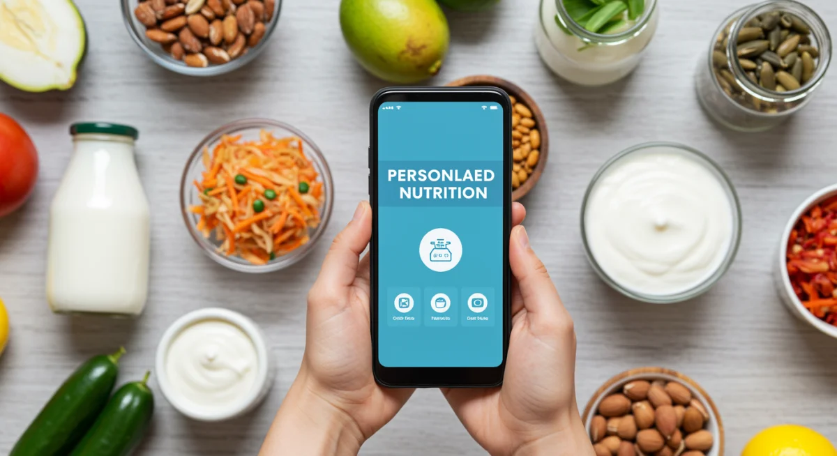 Personalized nutrition app on smartphone with probiotic foods in background