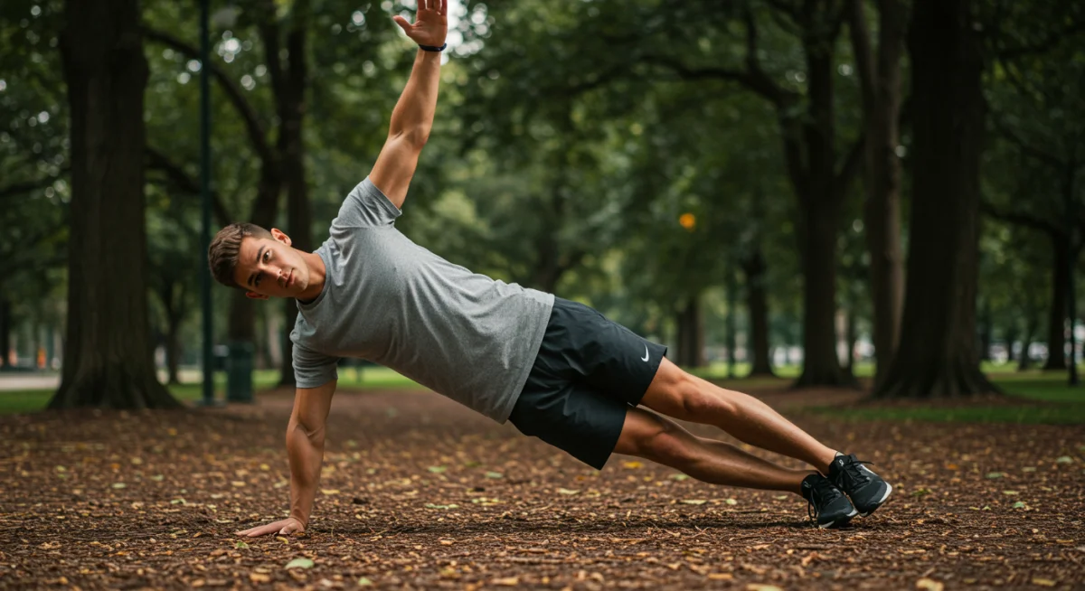 Person holding a perfect plank position outdoors, highlighting core strength.
